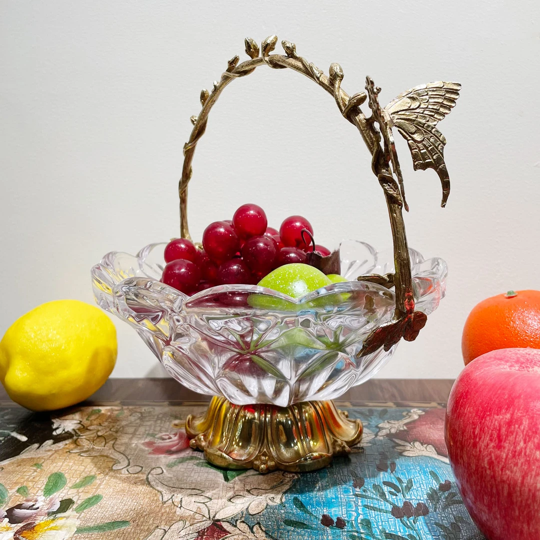 美式复古创意蝴蝶铜配水晶玻璃果盘家用果篮小提篮装饰摆件