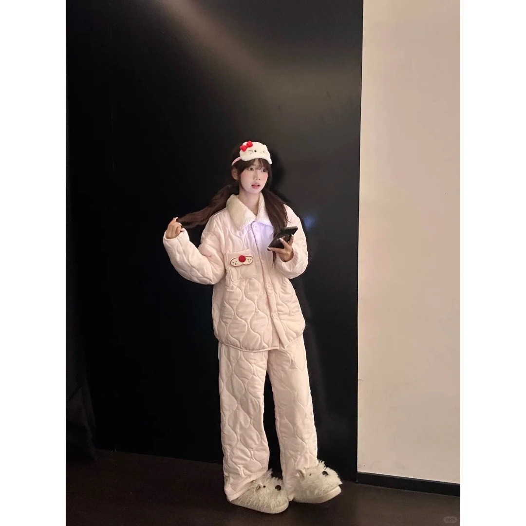 粉色甜美卡通夹棉睡衣女冬季新款加厚保暖长袖长裤家居服套装外穿