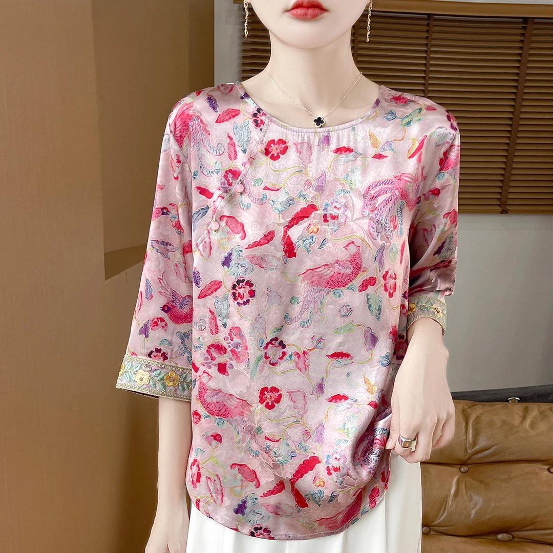 哥弟阿玛施正品新款国风夏季半袖圆领缎面提花新中式休闲小衫上衣