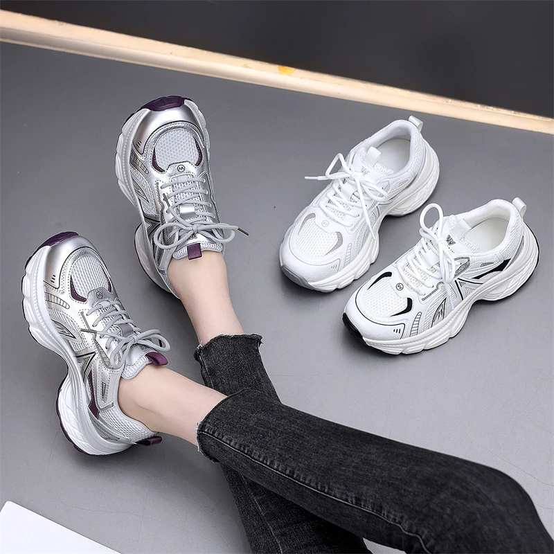 2025年春秋新款旅游鞋女舒适百搭厚底透气增高休闲网纱运动跑步鞋