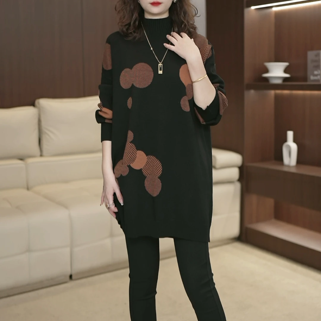 2025冬加厚保暖通勤宽松慵懒中长款波点提花高领毛衣针织衫女3812