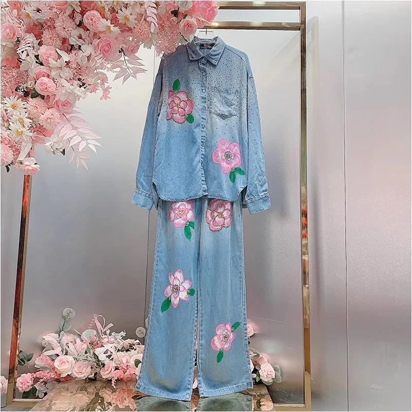 A1074欧美设计师2025早春新款重工烫钻涂鸦手绘花朵休闲牛仔套装