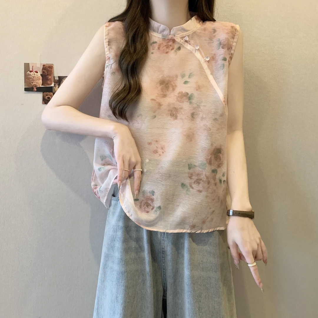 大码新中式轻国风薄款外穿雪纺无袖上衣女夏季胖mm重工盘扣T恤衫