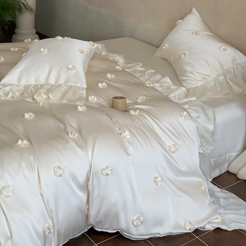 皇后娘娘  法式花边莱赛尔天丝床单四件套少女心立体花朵丝滑被套