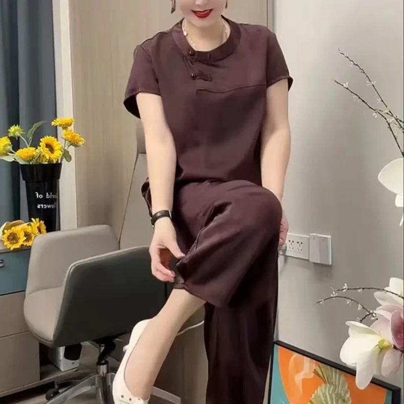 夏季高贵时尚圆领盘扣百搭宽松套装上衣+裤子休闲减龄新款整套