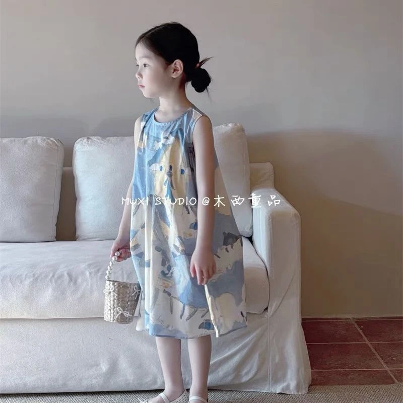 女童连衣裙2025夏韩版女童宝宝梦幻蓝色涂鸭背心裙可爱卡通娃娃裙