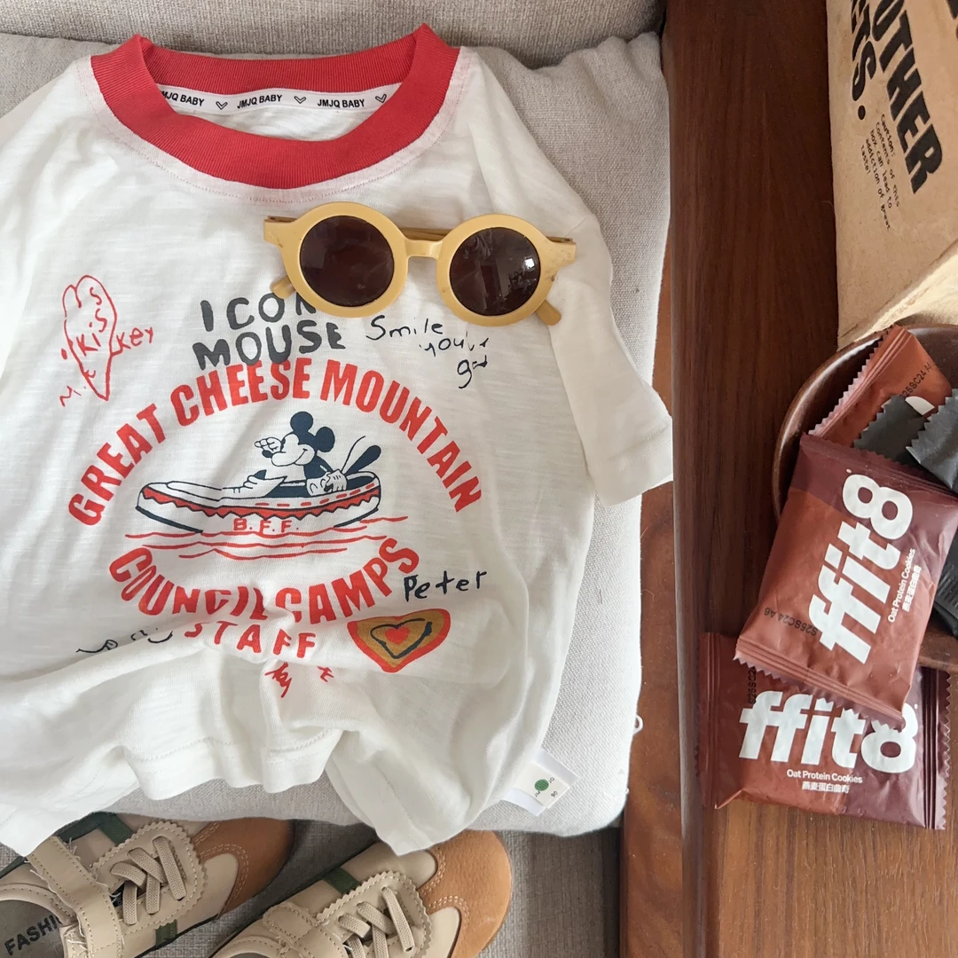 【JMJQ 25175】夏季新款中小童韩版花彩印花卡通撞色领短袖体恤