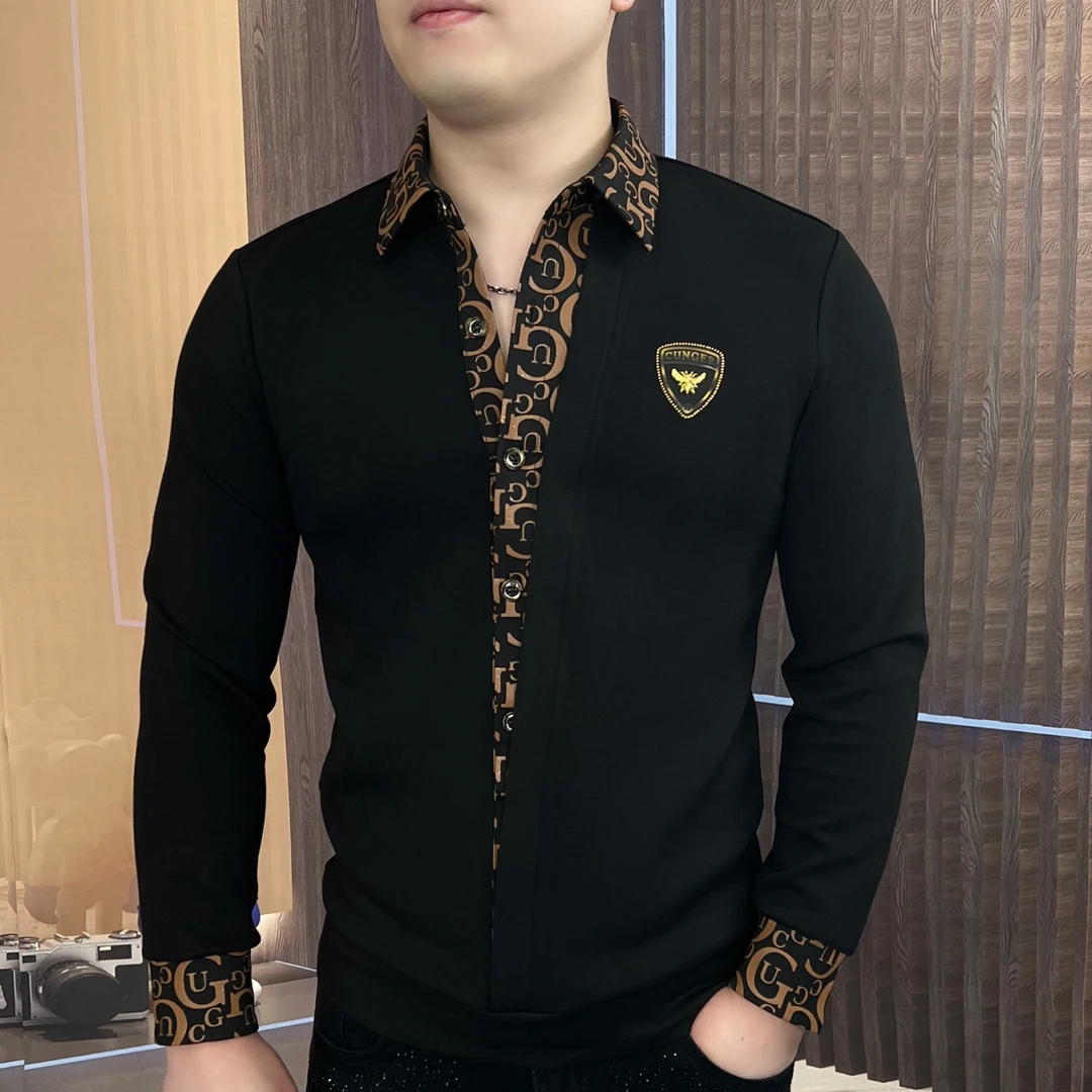 男士长袖轻奢时尚休闲潮流修身秋季网红商务帅气翻领韩CLY-55