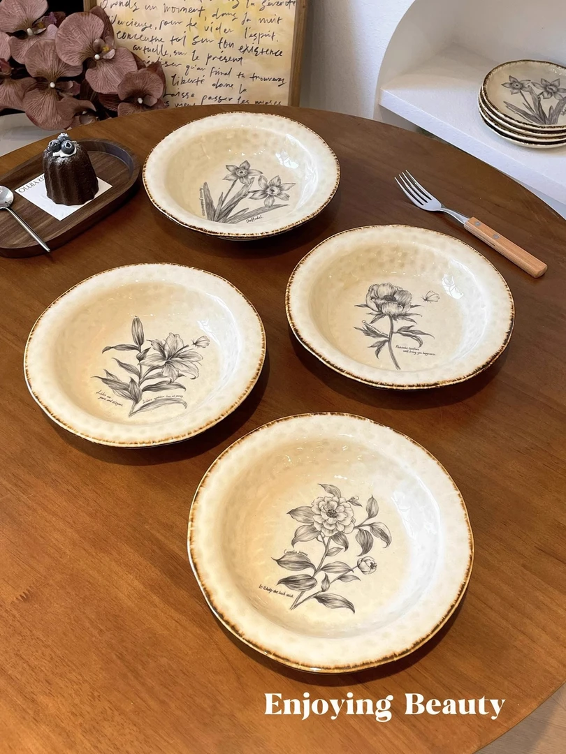见物家法式复古陶瓷盘子家用菜盘深盘西餐汤盘沙拉盘草帽盘民宿