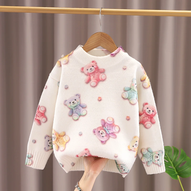 女童毛衣2025冬季新款圆领卡通长袖女孩加厚针织衫上衣3-10岁女孩