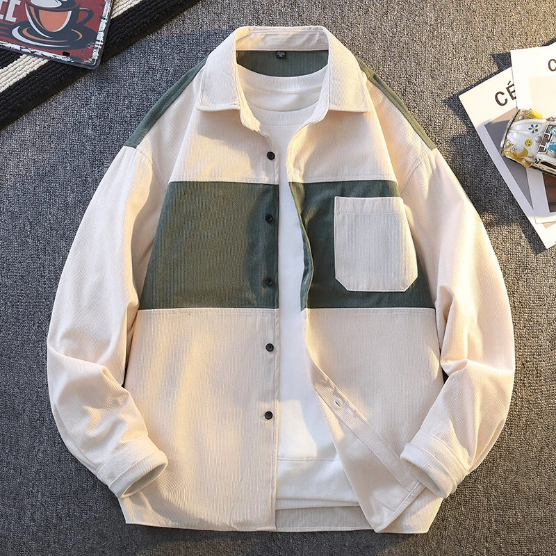 春季新款 时尚港风宽松休闲 灯芯绒拼 阔版衬衫男外套