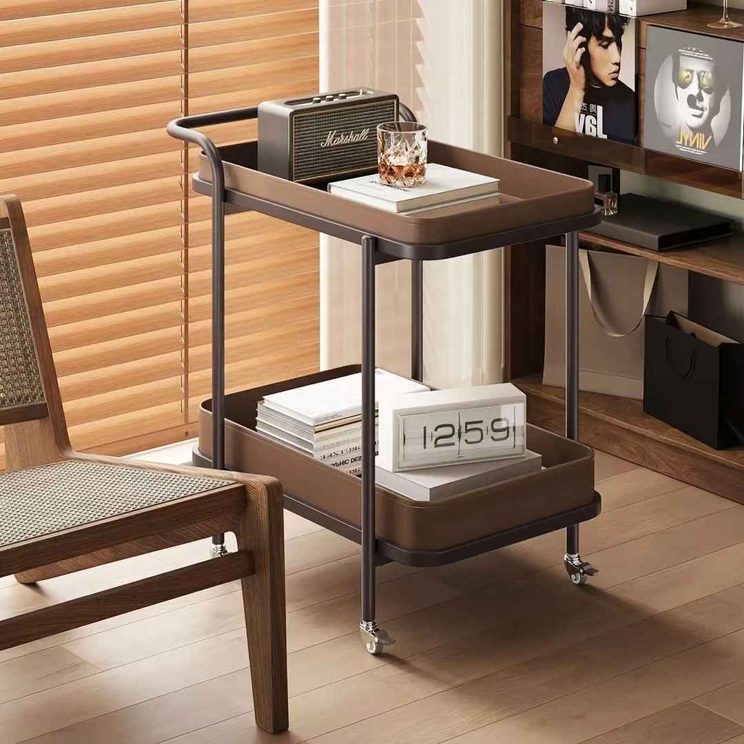 意式轻奢马鞍皮移动边几小推车置物架双层收纳床头柜美业工具车