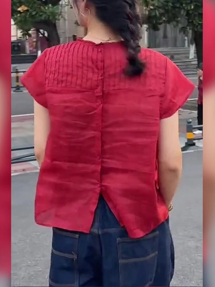 韩系设计感小众复古红色短袖衬衫女夏季新款高级时尚气质通勤上衣