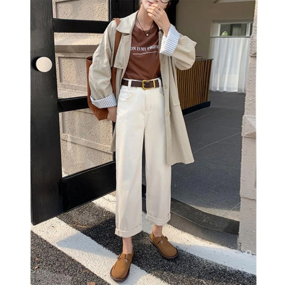 米白色阔腿牛仔裤女直筒宽松高腰显瘦2025春秋新款小个子拖地裤子