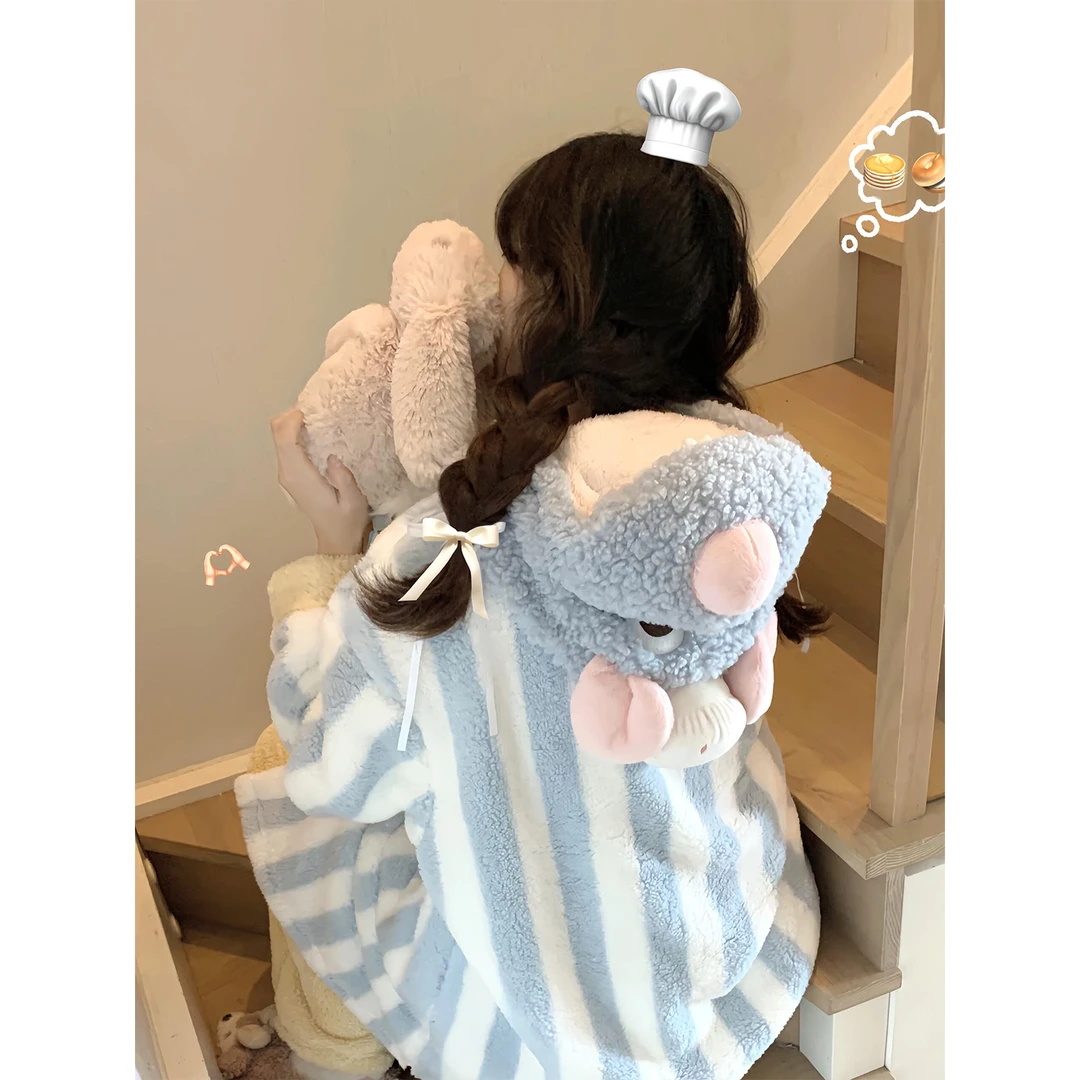【料理鼠王】可爱卡通珊瑚绒条纹睡衣女2025年秋冬款长裤家居服套装
