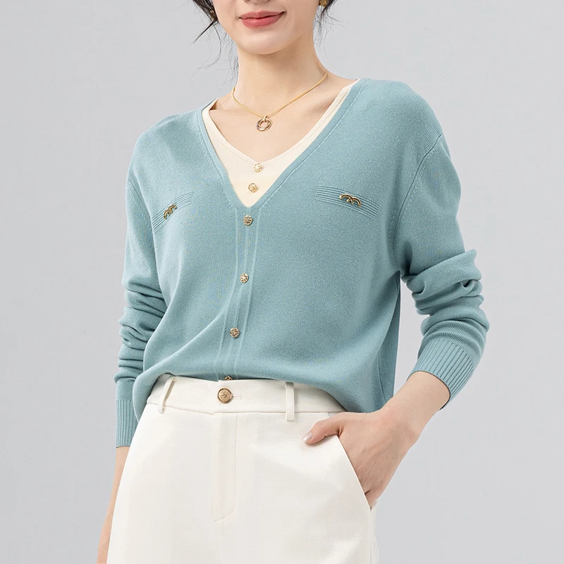 欧若风穿搭假两件天丝针织衫女春秋新款宽松防晒毛衣长袖时尚上衣