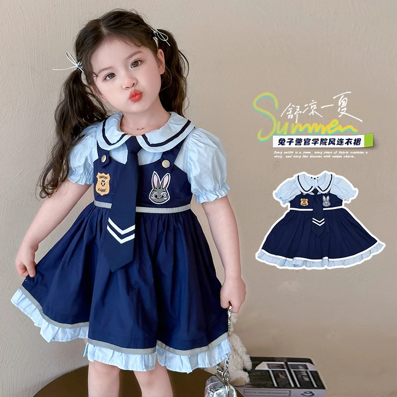 女小童夏季短袖兔子警官连衣裙子朱迪裙子学院风假两件JK公主裙子