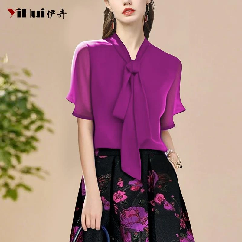 YIHUI伊卉蝴蝶结领玫红色雪纺衫女夏新荷叶边七分袖上衣SC255636