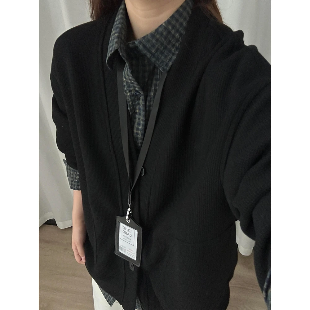 慵懒风V领开衫卫衣男女同款春秋季宽松休闲百搭黑色衣服美式潮牌