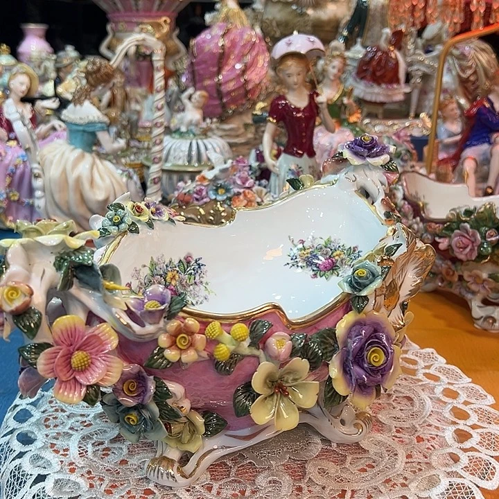 陶瓷粉色手拍色 纯手工捏花果碗美器 老货库存