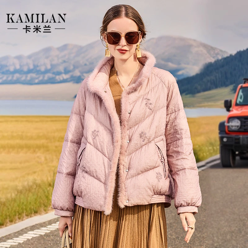 卡米兰新中式绣花羽绒服女2023冬季新款白鸭绒羽绒外套