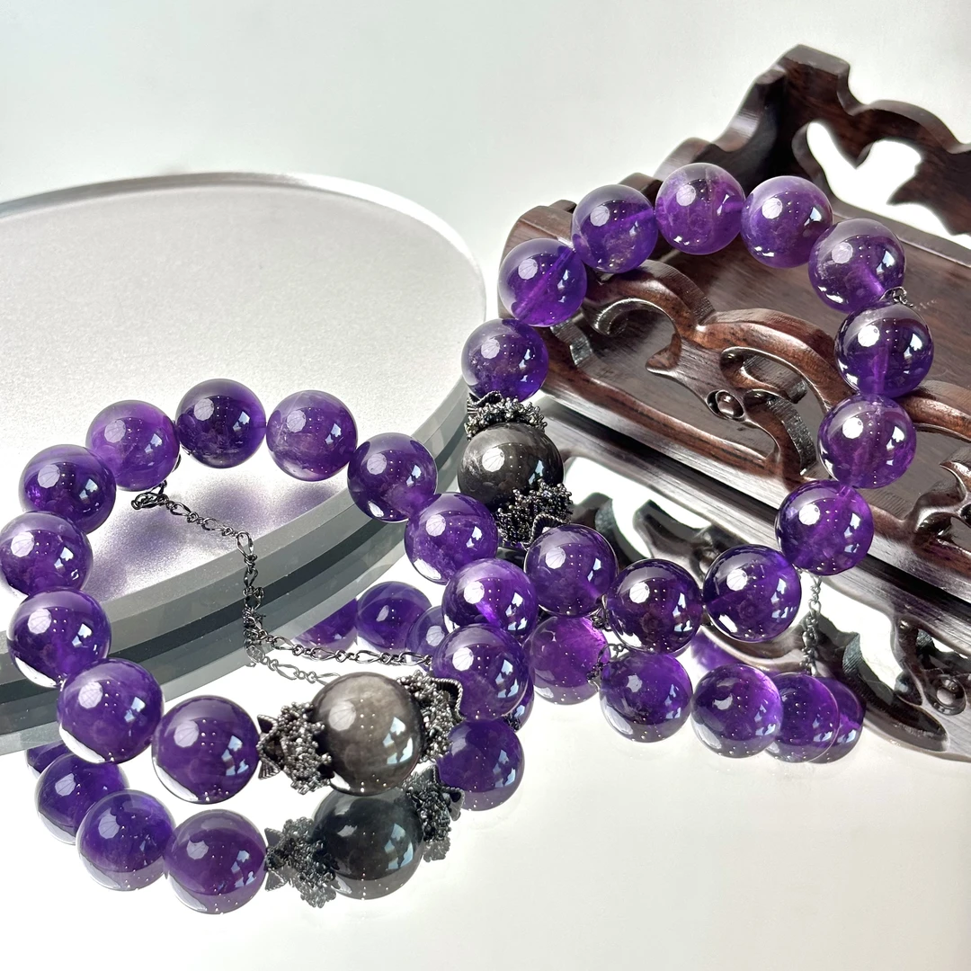 【紫梦星河】13-14mm乌拉圭紫水16mm银曜石手串面小仙多样性发其一