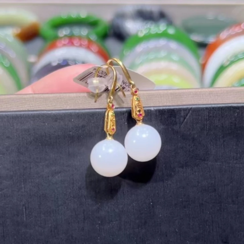 和田玉新疆山流水白玉耳坠18k金镶嵌