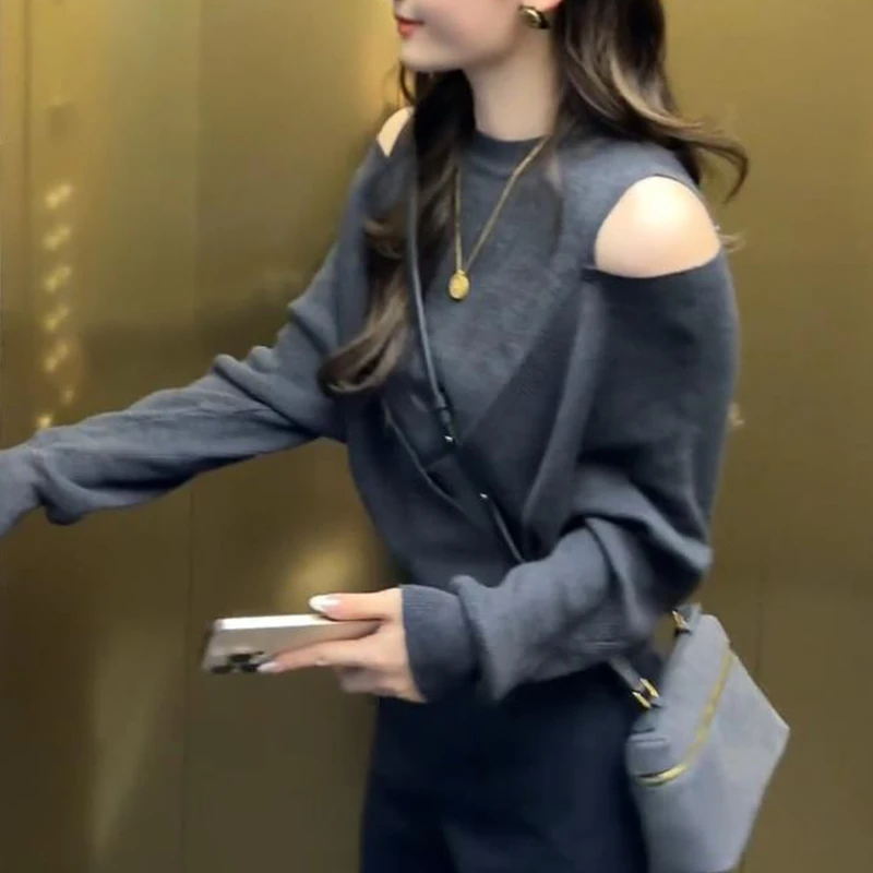 时尚气质百搭假两件拼接针织衫女2025秋季新款设计感小众洋气毛衣