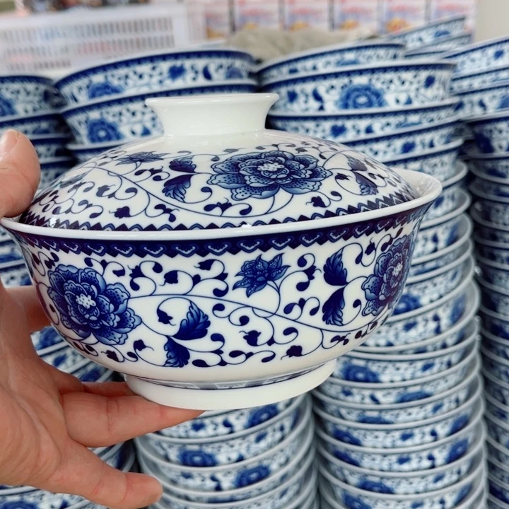 碗青花玲珑7寸芙蓉花盖碗