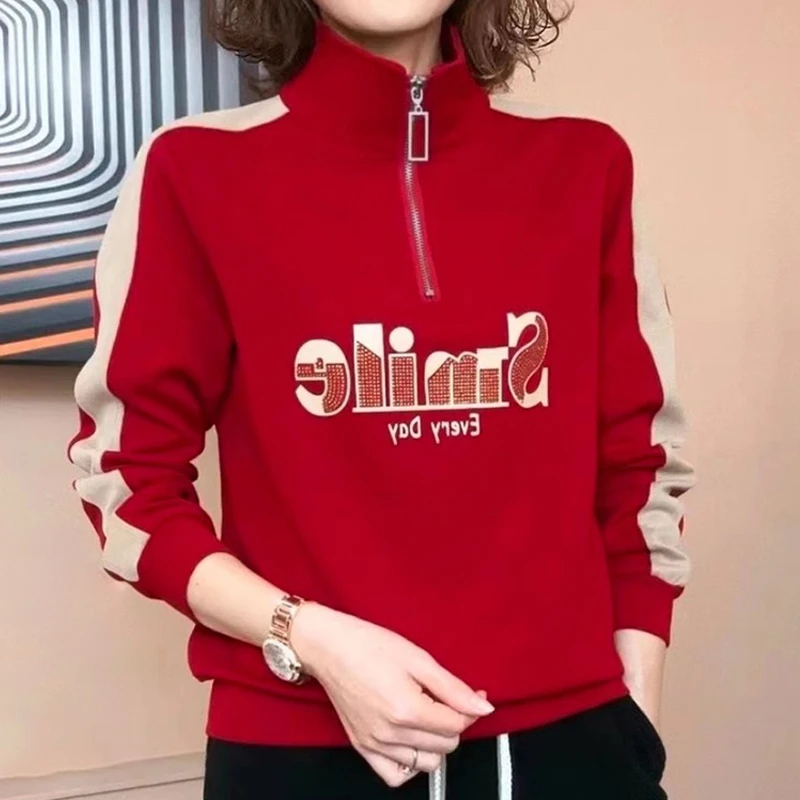 2025春季新款半拉链卫衣时尚长袖外穿棉T恤洋气女士百搭上衣Y0005