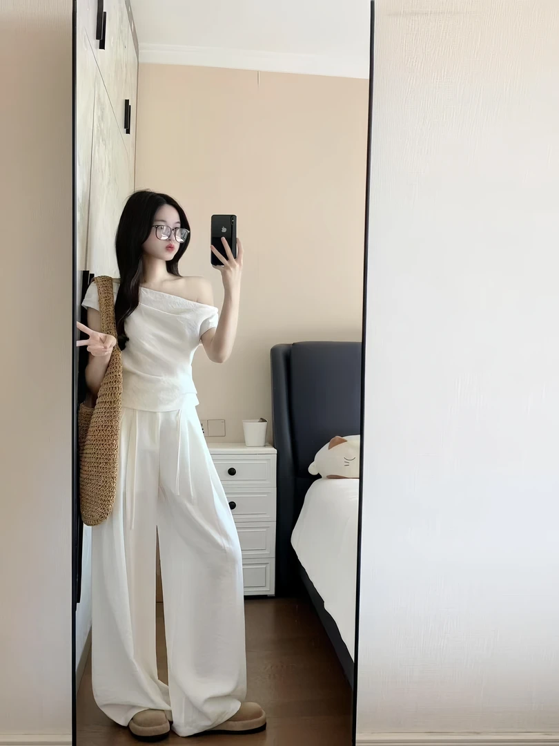 夏季女装套装2025新款韩系露肩修身短袖上衣气质高腰显瘦阔腿长裤