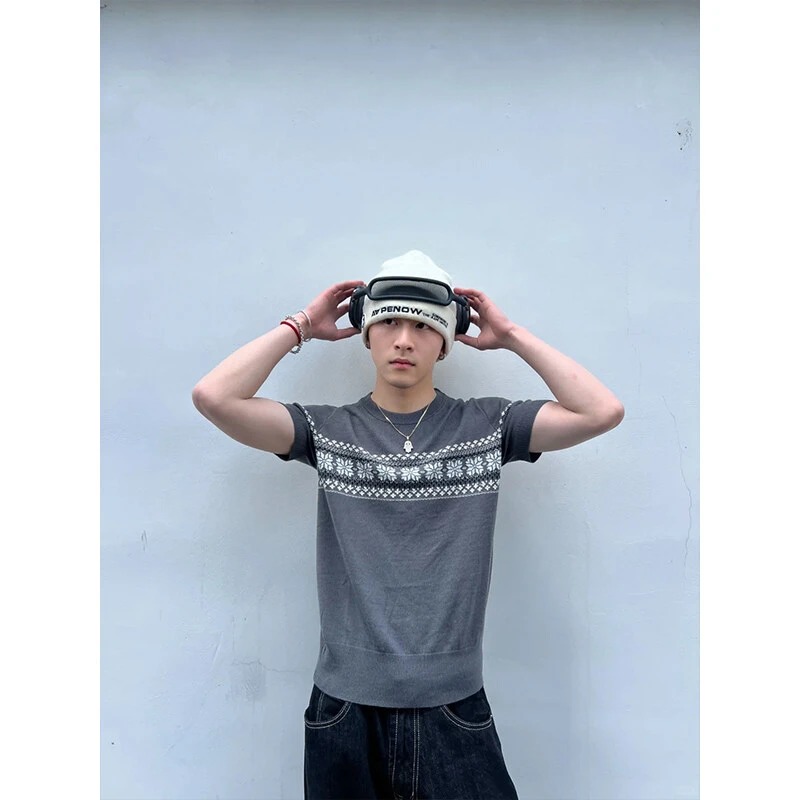 费尔岛针织短袖T恤男美式复古正肩高级感痞帅潮牌半截袖情侣体恤