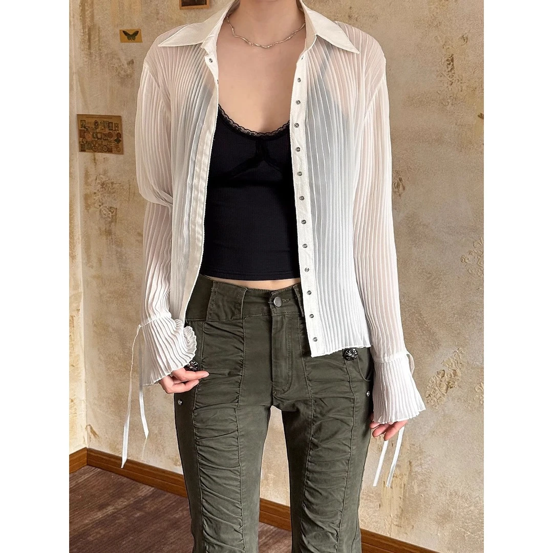 VintageTang纯欲轻薄款排扣长袖衬衫开衫微透白色衬衣外套女玖