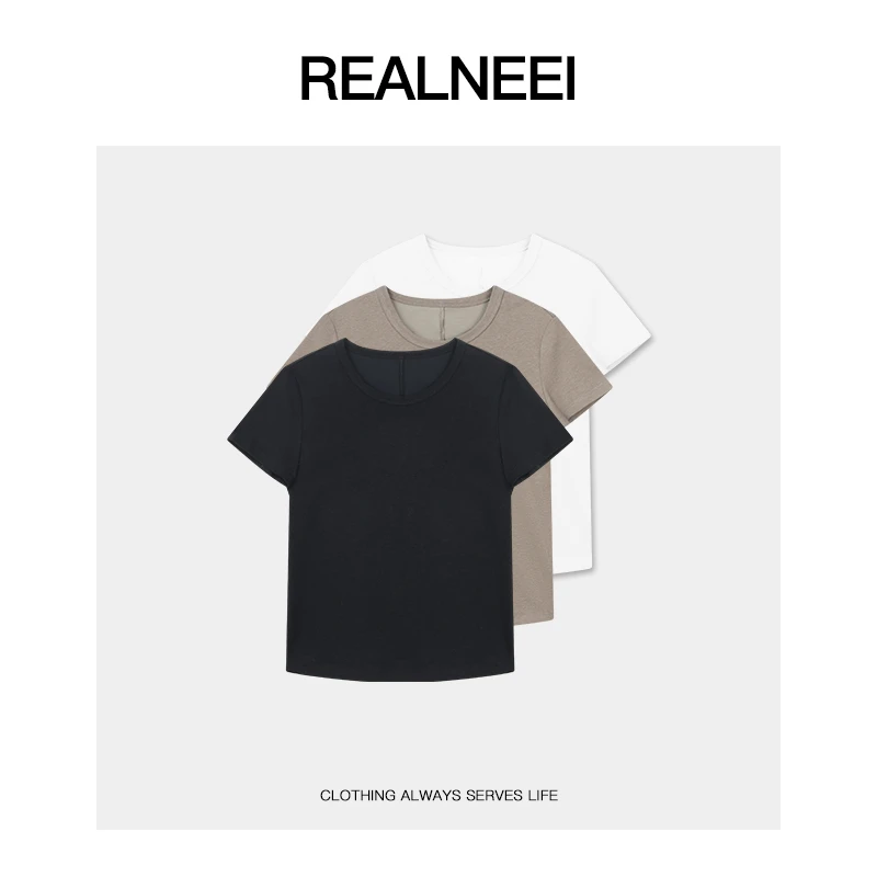 REALNEEI【舒芙蕾】极简纯色天丝亚麻T恤舒适主义穿搭T恤01216