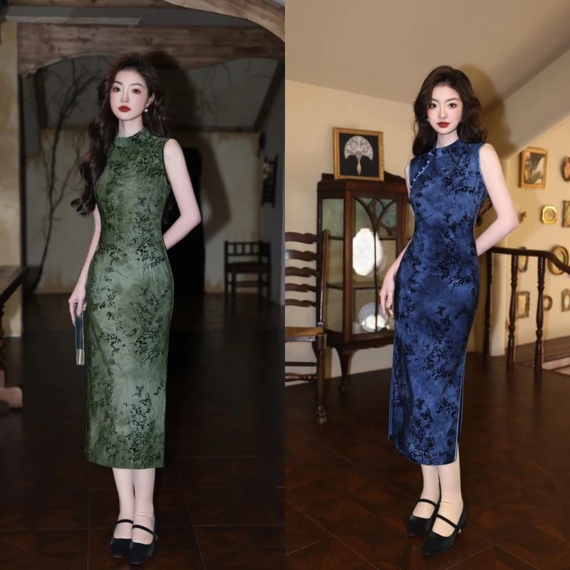 【华夫人】25夏季新款 网纱植绒 气质国风改良 蓝绿双色旗袍