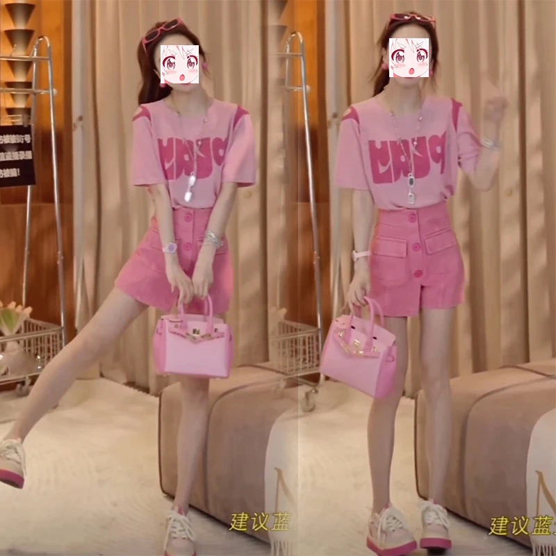 2025夏季镂空设计感圆领短袖针织衫收腰短裙裤小清新洋气两件套装