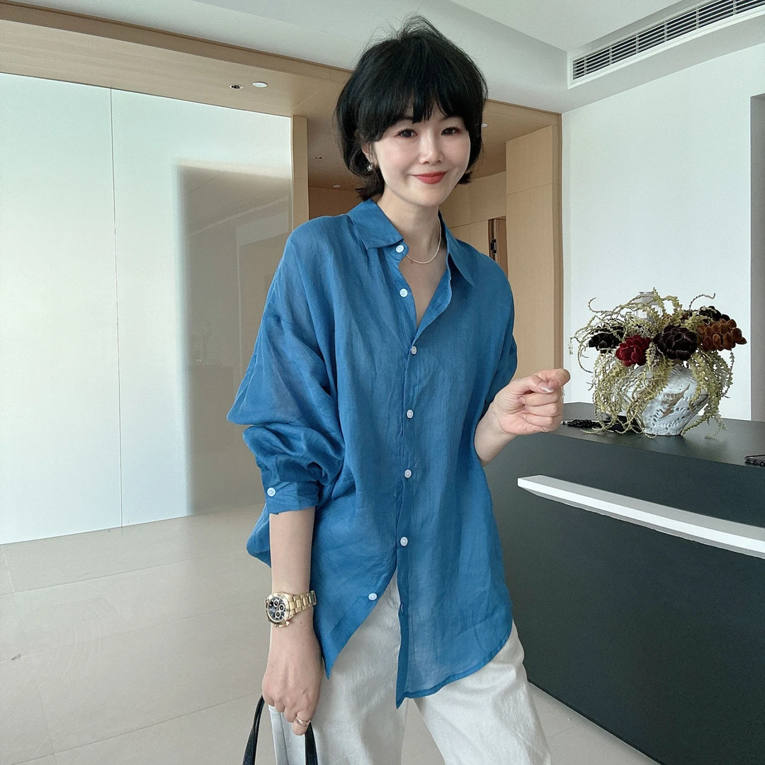 春夏慵懒气质宽松显瘦苎麻长袖衬衫防嗮衬衣