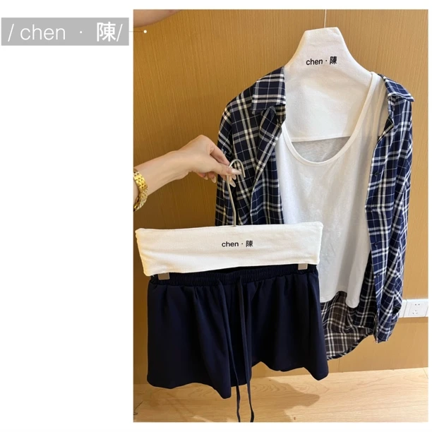 chen·陳宽松格子衬衫➕舒适背心➕休闲短裤三件套