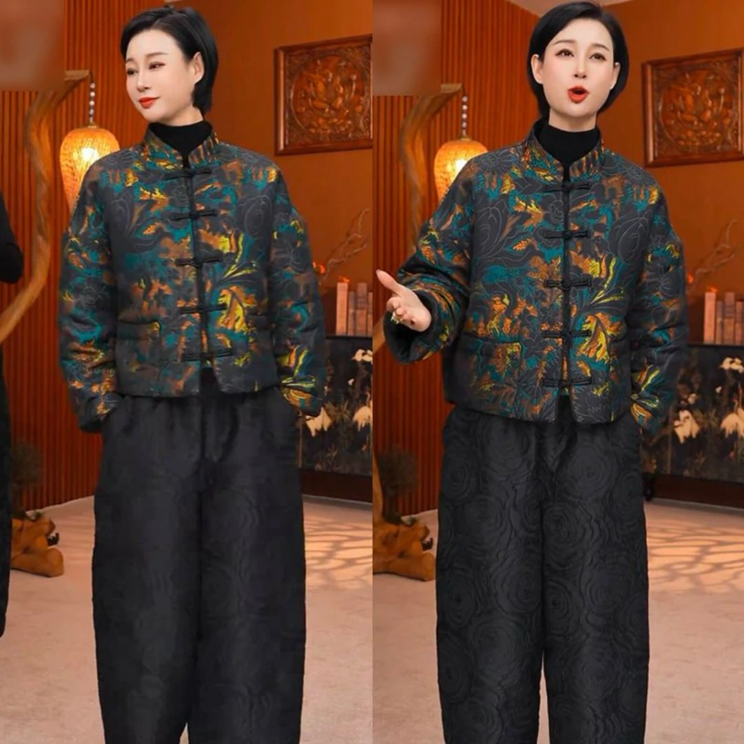 欧洲站2024冬季新款时尚质感高级国风盘扣立领棉服宽松休闲裤子女