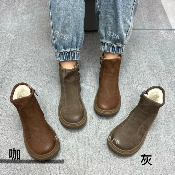 5322 牛皮羊毛厚底侧拉链保暖简约百搭复古低筒短靴马丁靴