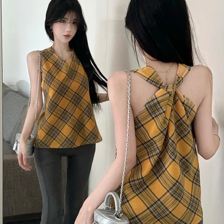 设计感小众法式复古两面穿吊带背心2025夏季新款格纹挂脖显瘦上衣