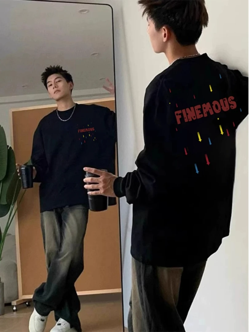 重磅纯棉长袖男美式高街罗口潮牌痞帅t恤炸街打底衫秋内搭潮流