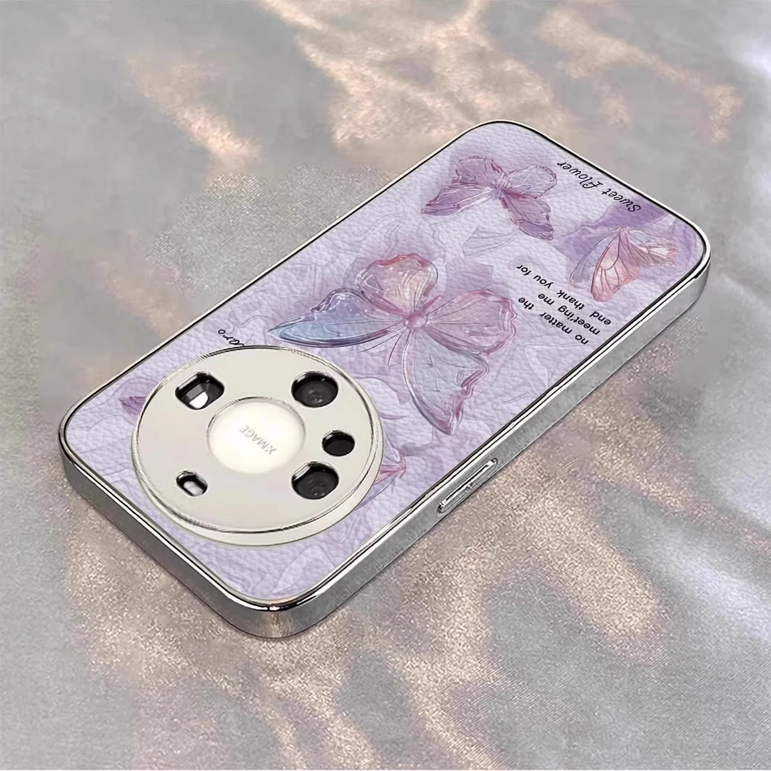 紫色波纹蝴蝶适用华为mate70pro手机壳p80新款m60电镀小羊皮高级