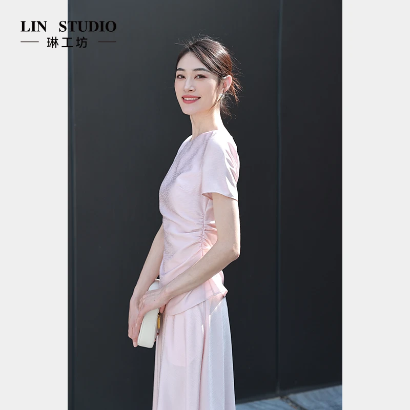 【上衣+半裙】琳工坊“碎红”粉色套装优雅气质时尚显瘦唐琳设计师