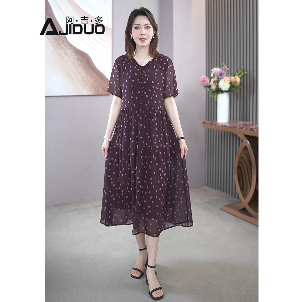 法式波点v领连衣裙女2025夏新款休闲大码宽松显瘦妈妈装中长裙子