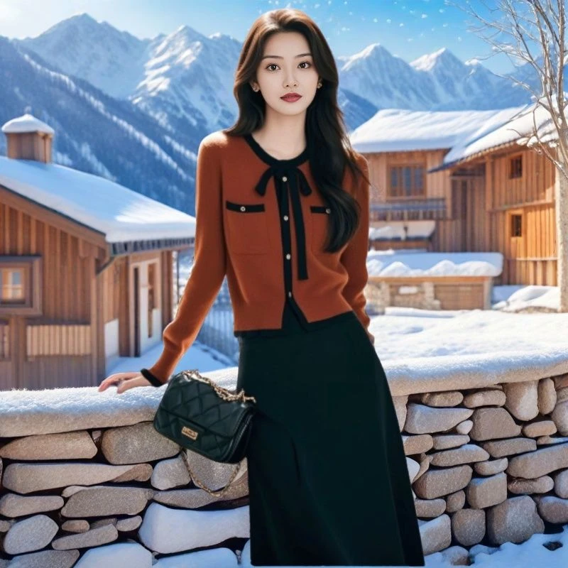 时尚衣橱~【套装】秋冬时尚韩系别致小香风拼色针织毛衣高腰半身裙