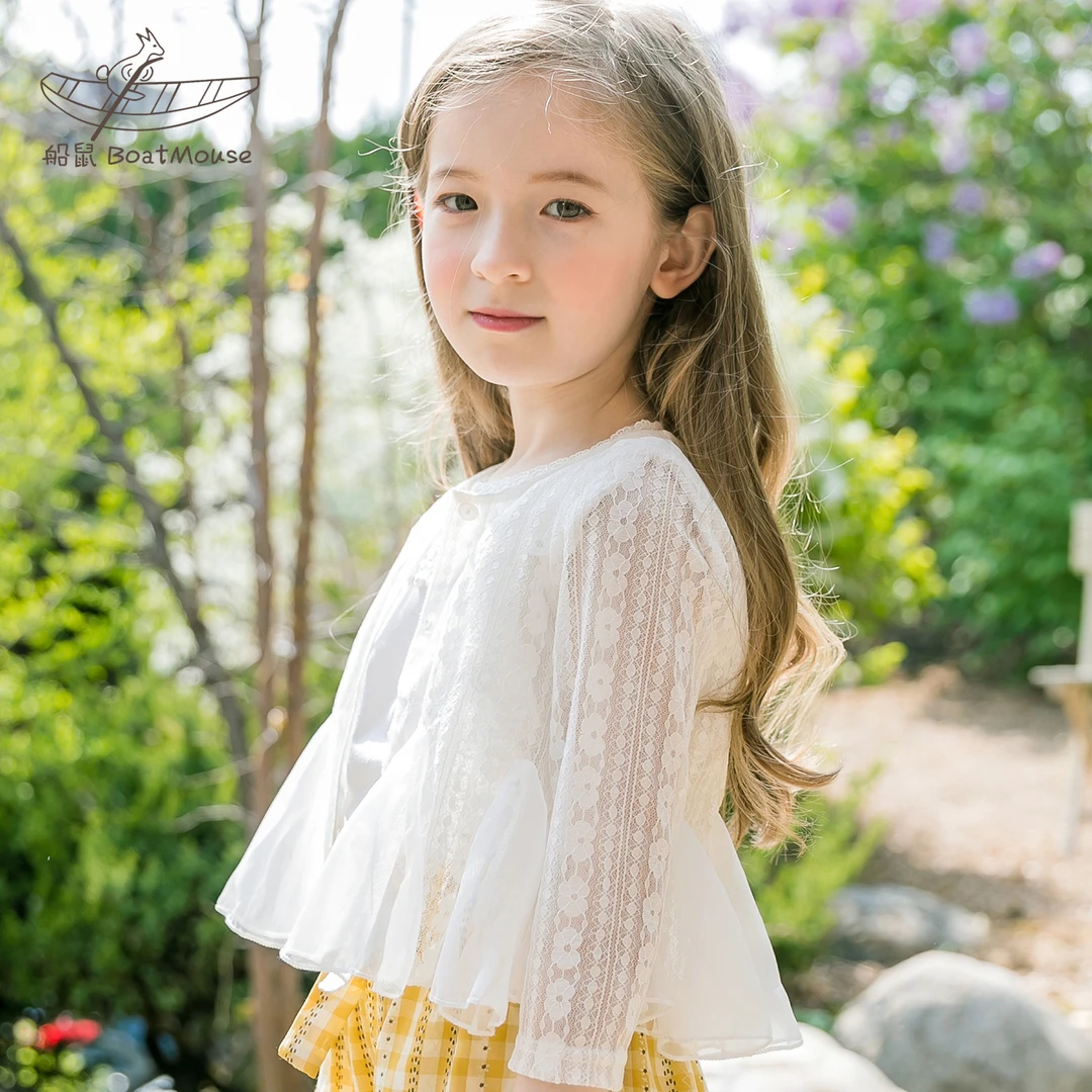 船鼠女童外套蕾丝花边白色女宝宝上衣儿童开衫薄款夏小女孩空调衫