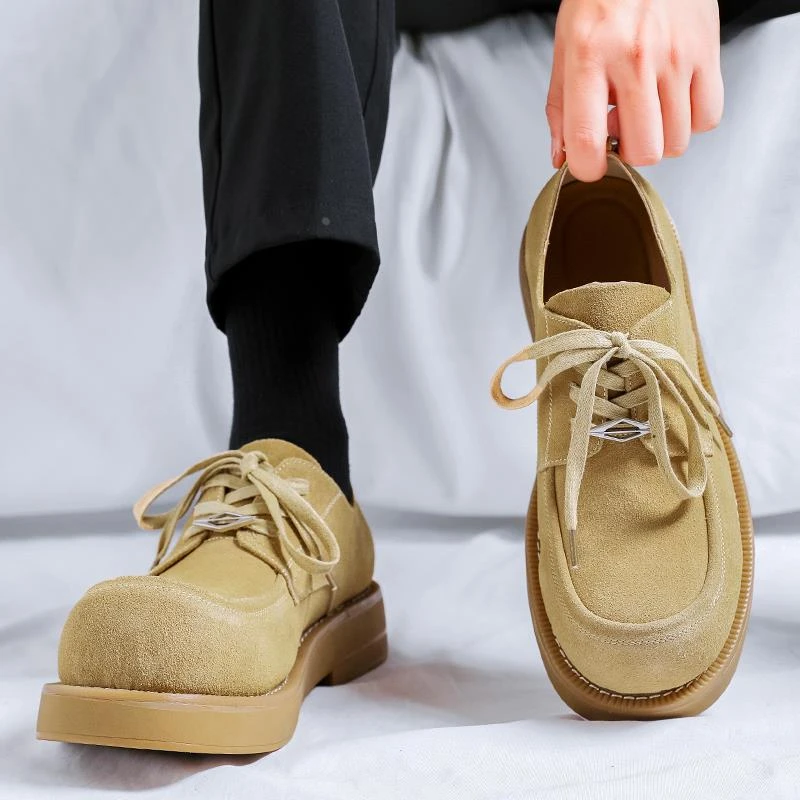 德比鞋男2025夏季新款原创翻毛皮透气皮鞋圆头厚底增高米奇大头鞋