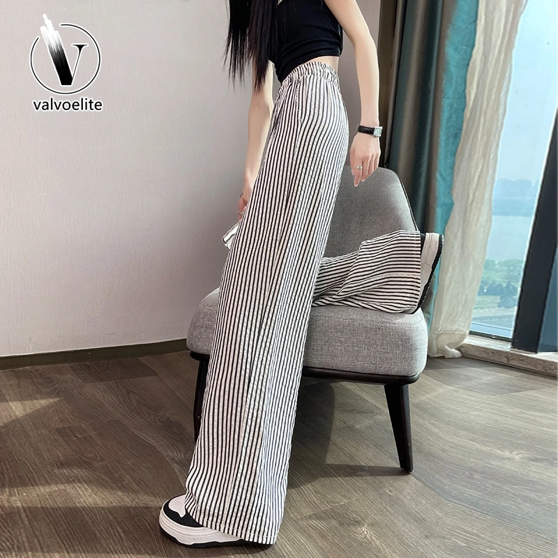VALVOELITE条纹阔腿裤女春季薄款2025新款高腰宽松显瘦休闲直筒裤