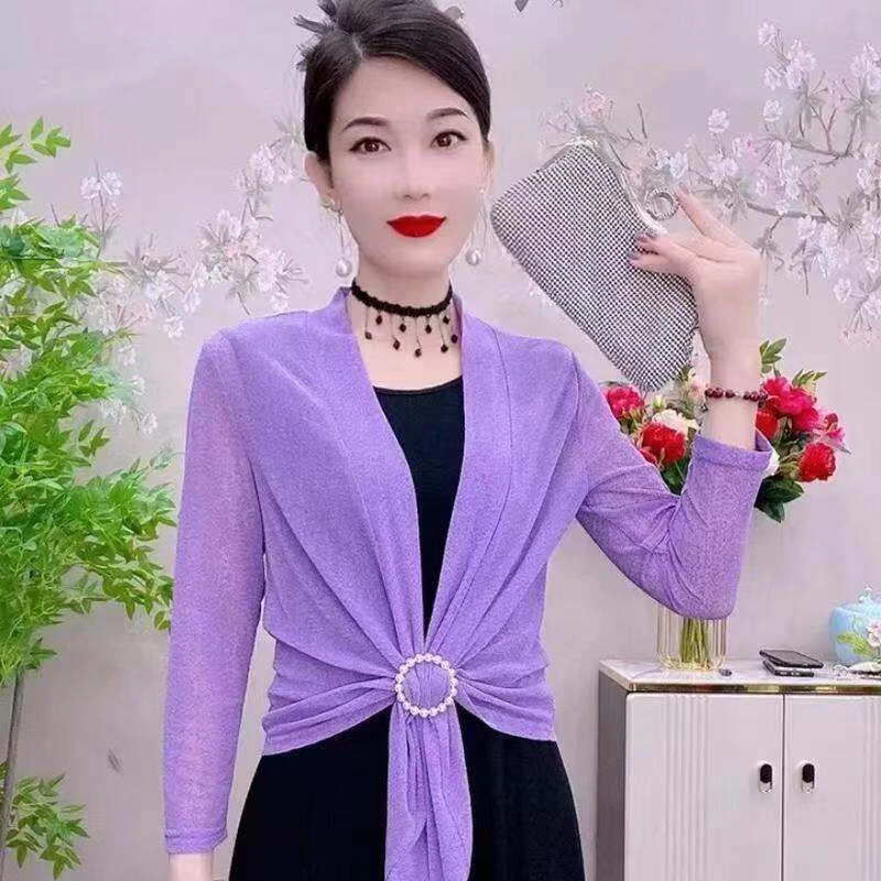 【送丝巾扣】2260外搭女夏天短款开衫配吊带裙子冰丝网纱防晒外套